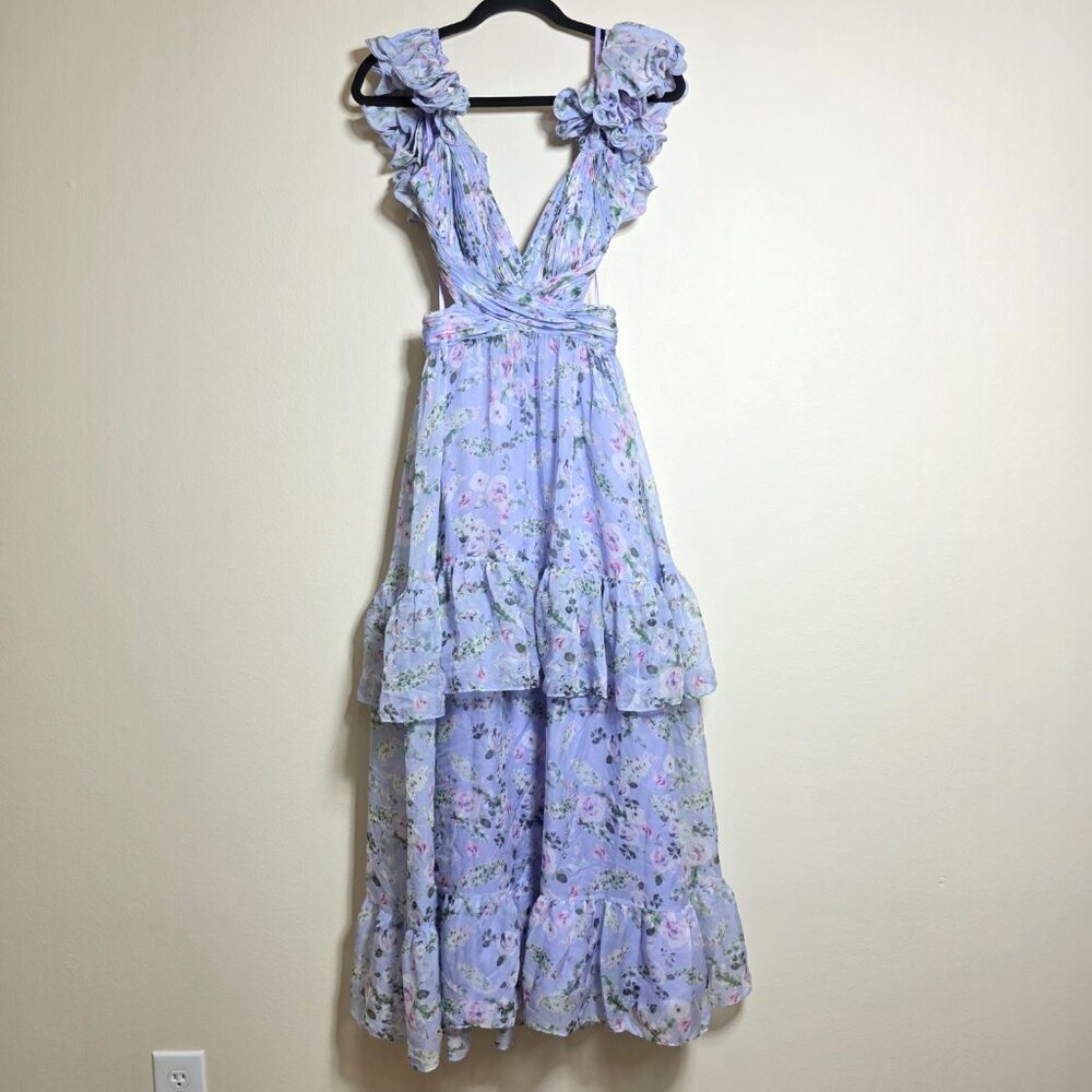 Ieena for Mac Duggal Ruffle Tiered Cut-Out Floral Chiffon Dress Size 4 MSRP $498 - Picture 4 of 12
